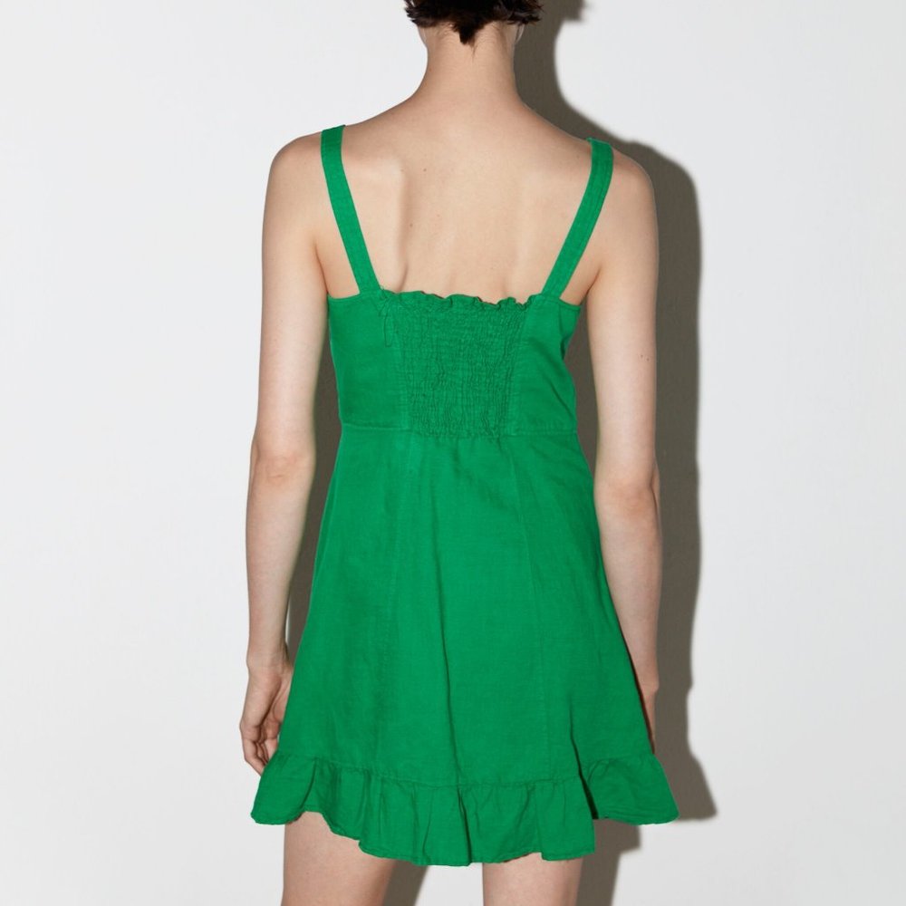 Zara DRESS WTIH RUFFLED HEM-green-3107/477-cot/lin - Picture 4 of 8